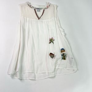 Desigual Blouse Womens XL White Floral Embroidered Beaded Neckline Sleeveless